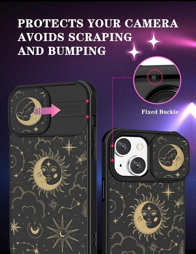 (2in1 for iPhone 14 Case Sun and Moon for Women Cute Stars Space Phone Cover with Slide Camera Cover Protective Fashion Golden Print Design Cases for iPhone14 6.1 inch - Image 3
