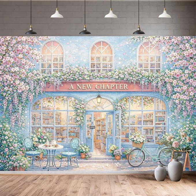15X10ft A New Chapter Begins Backdrop Bridal Shower Blue Floral Book Shop Wedding Engagement Photography Background Bridal Shower Party Decoration Supplies Cake Table Photo Booth Studio Props - Image 2