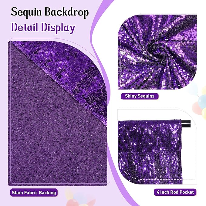 SquarePie 8x10ft Purple Sequin Backdrop, High Density Non-Transparent Glitter Curtain for Photography, Birthday, Wedding Party Decorations, Thick Solid Background with 4" Rod Pocket, 1 Panel - Image 2