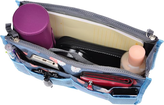 Vercord Purse Organizer Insert for Handbags Bag Organizers Inside Tote Pocketbook Women Nurse Nylon 13 Pockets Blue Flower Medium - Image 5