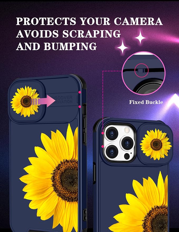 (2in1 for iPhone 15 Pro Max Case Sunflower Floral Women Cute Cover Girly Sun Flowers Pretty Blue Design with Slide Camera Cover Protective Stand Holder for iPhone 15 Pro Max Phone case 6.7'' - Image 3