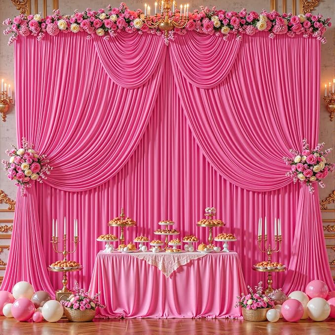 32ftx10ft Wrinkle Free Hot Pink Backdrop Curtain - 10 Feet Photography Backdrop Drapes, Silky Polyester Back Drop Cloth for Wedding Baby Shower Balloon Arch Background - Image 4