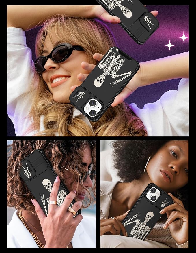 (2in1 for iPhone 15 Plus Case Skull Skeleton for Women Cute Cover Boys Gothic Spooky Funny Cool Black Design with Slide Camera Cover protective Stand Holder for iPhone 15 Plus Phone Case 6.7'' - Image 6