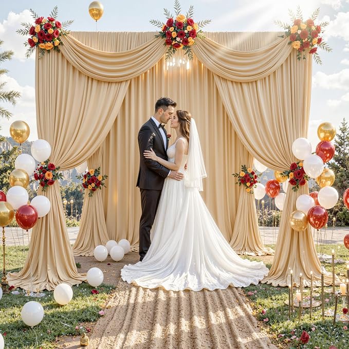 30 ft x 10 ft Wrinkle Free Champagne Backdrop Curtain for Parties, 6 Panels 10ft Polyester Champagne Photo Backdrop Drapes for Graduation Birthday Wedding Party Stage Curtains - Image 2