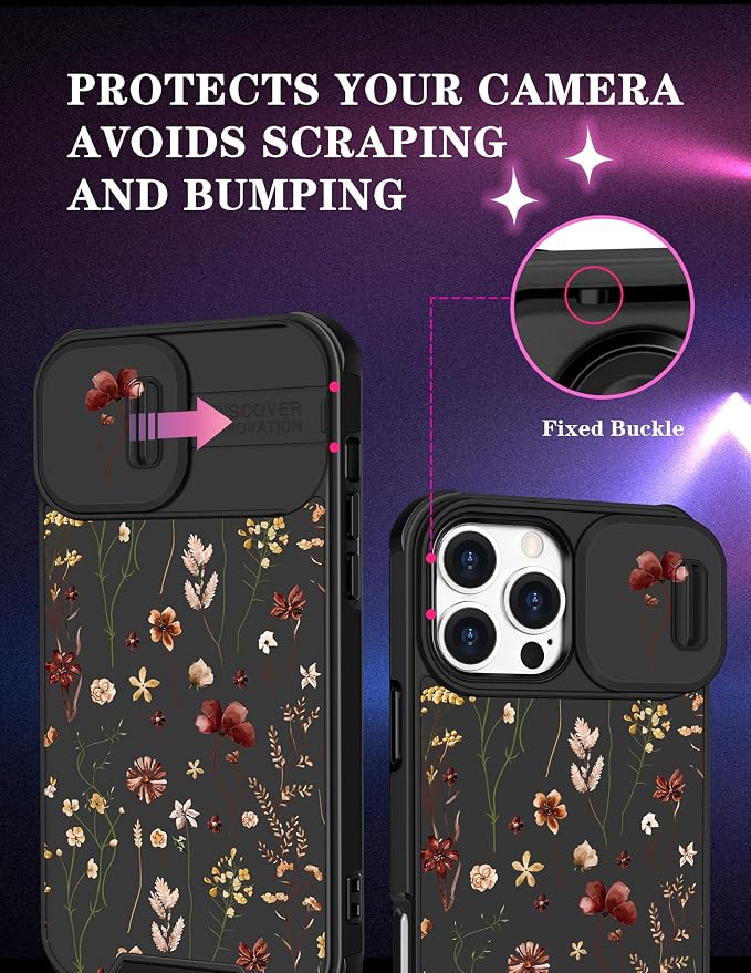 for iPhone 16 Pro Case - Women Cute Phone Cover Girly Pretty Fancy Unique Aesthetic Design Slide Camera Cover Protective Case for Apple for iPhone 16 Pro,Flowers Floral - Image 3