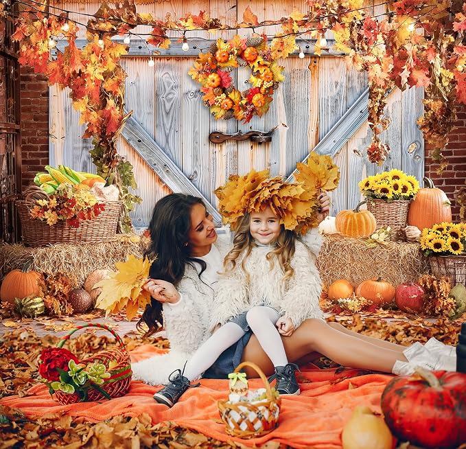 Fall Photo Backdrops for Photography, Thanksgiving Decorations 7x5ft | Vinyl Autumn Background for Photoshoot, Orange Pumpkin Maple Leaves, for Outdoor Party, Friendsgiving Decor - Image 2