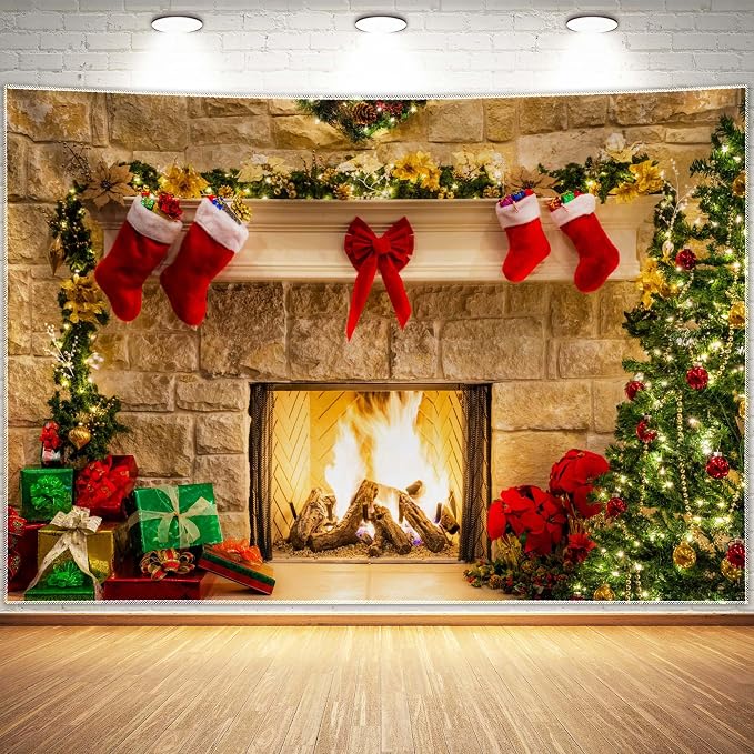 8x6ft Christmas Fireplace Theme Backdrop for Photography | PolyesFabric-Tree Sock Decorations,Xmas Party Supplies,Studio Decor Booth Props,Photo Background Pictures,Wrinkle Free by Haboke