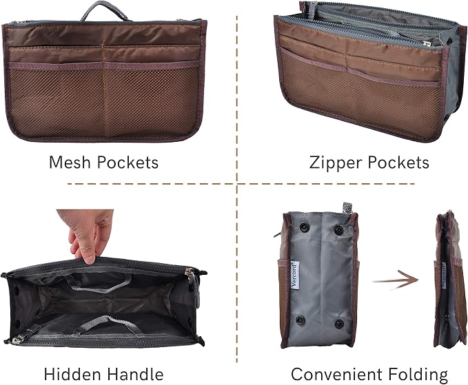 Vercord Purse Organizer Insert for Handbags Bag Organizers Inside Tote Pocketbook Women Nurse Nylon 13 Pockets Coffee Large - Image 4