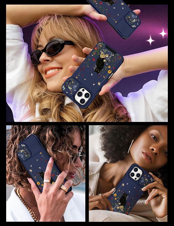 for iPhone 16 Pro Max Case - Women Cute Phone Cover Girly Pretty Fancy Unique Aesthetic Design Slide Camera Cover Protective Case for Apple for iPhone 16 Pro Max,Black Cat - Image 6