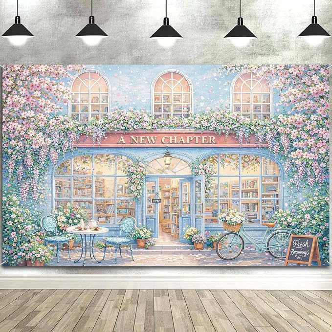 6X4ft A New Chapter Begins Backdrop Bridal Shower Blue Floral Book Shop Wedding Engagement Photography Background Bridal Shower Party Decoration Supplies Cake Table Photo Booth Studio Props - Image 3