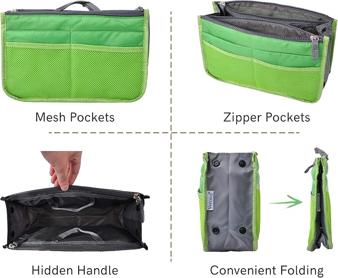 Vercord Purse Organizer Insert for Handbags Bag Organizers Inside Tote Pocketbook Women Nurse Nylon 13 Pockets Green Large - Image 4