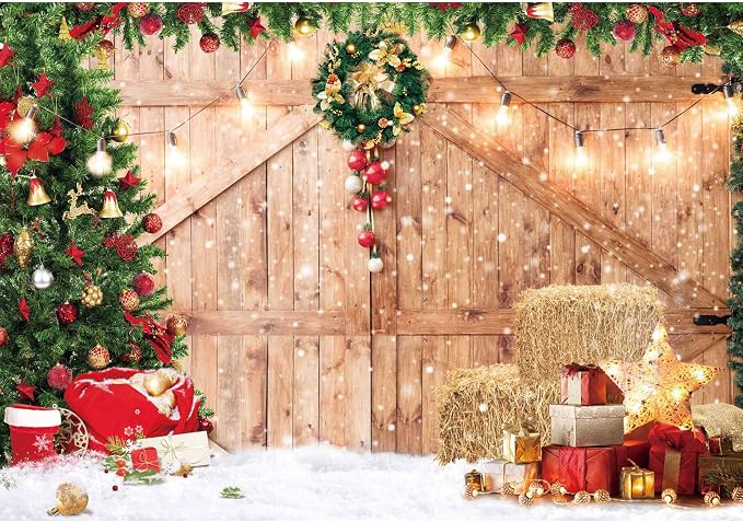 Christmas Backdrop Soft Fabric Rustic Barn Wood Door Backdrop for Photography Xmas Tree Snow Wall Floor Party Photo Background Family Banner Decorations Studio Prop Pictures(7x5ft) by Haboke