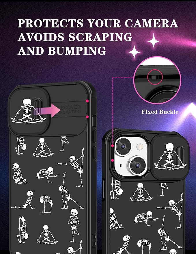 Phone Cover Case for iPhone 12 6.1'' Cool Black | 2in1, Skull, Skeleton, Yoga Ghost, Horror Design, Slide Camera Cover, Protective, Funny Pattern, Teen Cases - Image 3