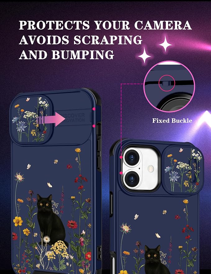 for iPhone 16 Plus Case - Women Cute Phone Cover Girly Pretty Fancy Unique Aesthetic Design Slide Camera Cover Protective Case for Apple for iPhone 16 Plus,Black Cat - Image 3