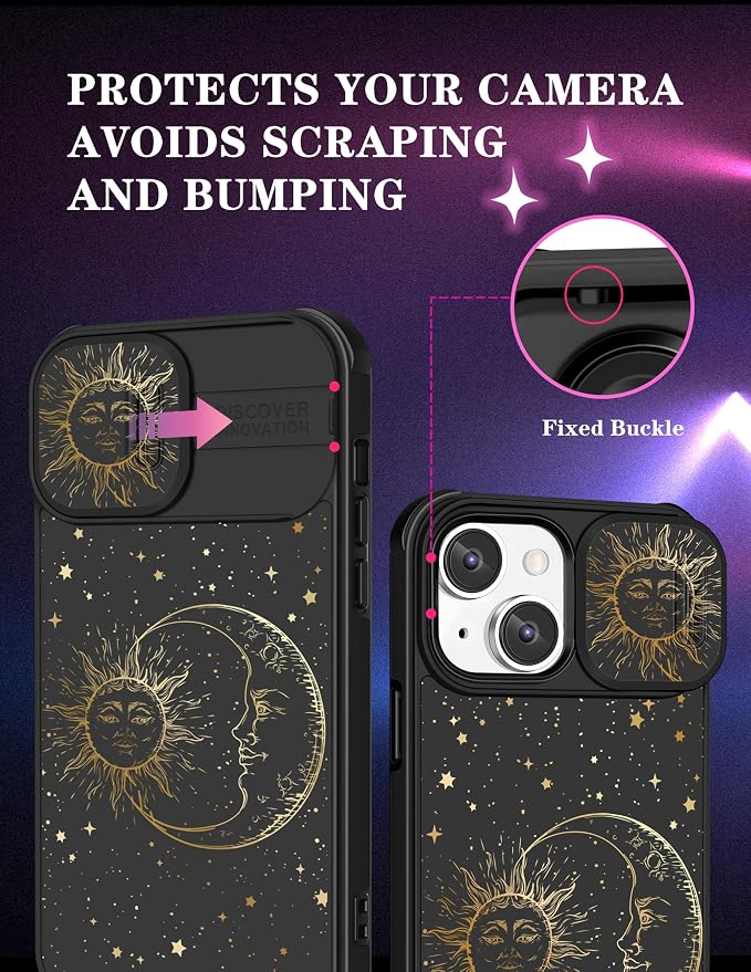 (2in1 for iPhone 13 Case Sun Moon Stars for Women Cute Phone Cover Fashion Golden Star Print Pattern Design with Slide Camera Cover Protective Case for iPhone13 6.1'' - Image 3