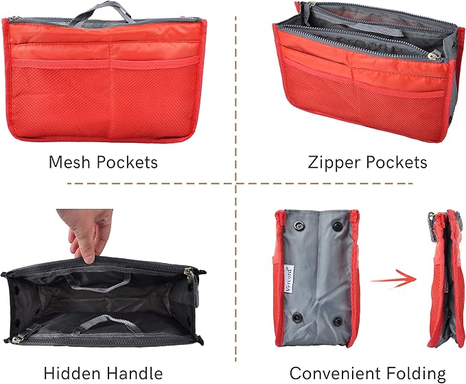 Vercord Purse Organizer Insert for Handbags Bag Organizers Inside Tote Pocketbook Women Nurse Nylon 13 Pockets Red Medium - Image 4