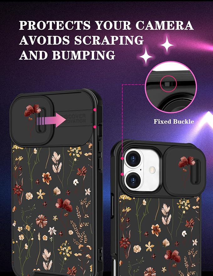 for iPhone 16 Plus Case - Women Cute Phone Cover Girly Pretty Fancy Unique Aesthetic Design Slide Camera Cover Protective Case for Apple for iPhone 16 Plus,Flowers Floral - Image 3