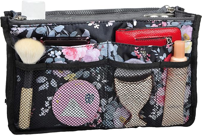 Vercord Purse Organizer Insert for Handbags Bag Organizers Inside Tote Pocketbook Women Nurse Nylon 13 Pockets Peony Flowers Large - Image 2