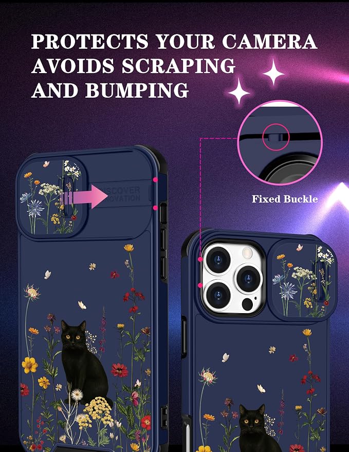 for iPhone 16 Pro Max Case - Women Cute Phone Cover Girly Pretty Fancy Unique Aesthetic Design Slide Camera Cover Protective Case for Apple for iPhone 16 Pro Max,Black Cat - Image 3