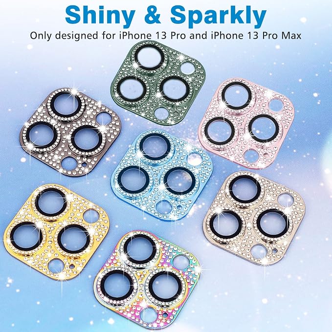 for iPhone 13 Pro & iPhone 13 Pro Max Camera Lens Protector, Bling 3D Rhinestone Diamond 9H Tempered Glass Camera Cover Anti Scratch Shockproof Metal Lens Screen Full Protective Cover - Gold - Image 5