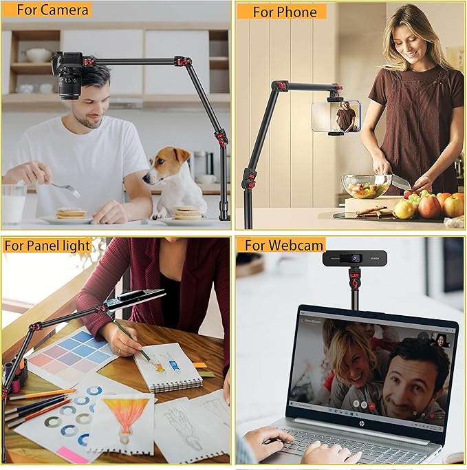 Overhead Camera Mount Desk Stand, 3-Section Detachable Articulating Arm | with 1/4“ 3/8" 5/8" Screw&360° Ball Head, C-clamp Tabletop Mount for DSLR Camera/Webcam/Microphone/Lights - Image 5