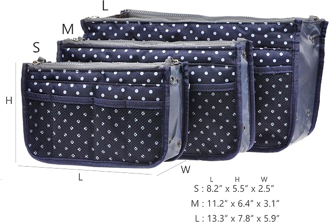 Vercord Purse Organizer Insert for Handbags Bag Organizers Inside Tote Pocketbook Women Nurse Nylon 13 Pockets Navy Blue Dot Medium - Image 3