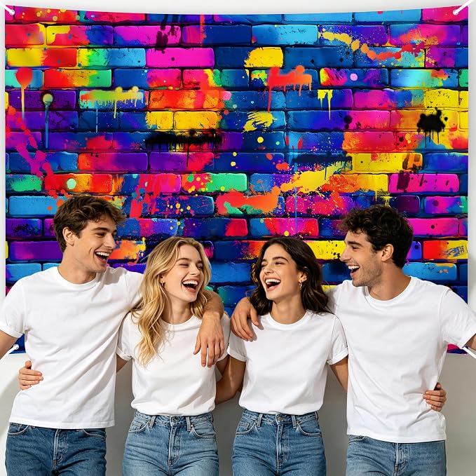 10x6.5ft Graffiti Wallpaper Mural Backdrop, Large Retro 80s 90s Hip Hop Brick Wall Background for Photoshoot, Vibrant Colorful Street Art for Birthday Party, Graduation & Disco Decor - Image 5