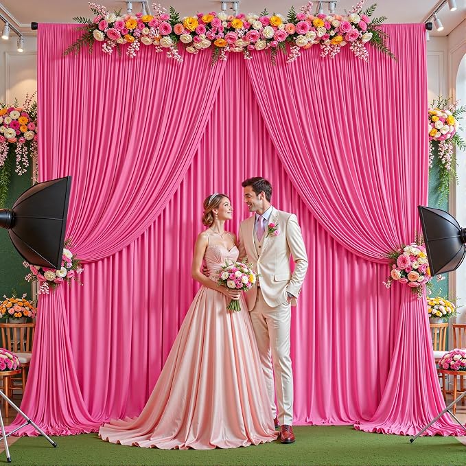 24ftx10ft Wrinkle Free Hot Pink Backdrop Curtain - 10 Feet Photography Backdrop Drapes, Silky Polyester Back Drop Cloth for Wedding Baby Shower Balloon Arch Background - Image 2