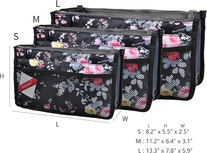 Vercord Purse Organizer Insert for Handbags Bag Organizers Inside Tote Pocketbook Women Nurse Nylon 13 Pockets Peony Flowers Large - Image 3