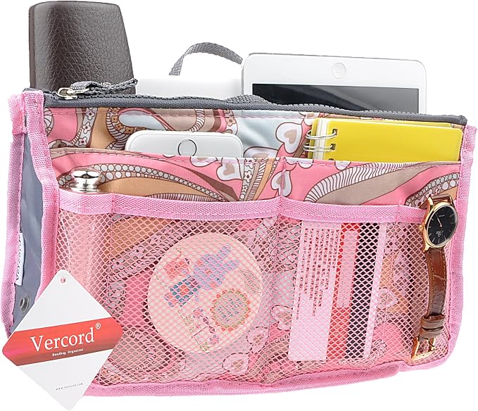 Vercord Purse Organizer Insert for Handbags Bag Organizers Inside Tote Pocketbook Women Nurse Nylon 13 Pockets Pink Flowers Medium - Image 2
