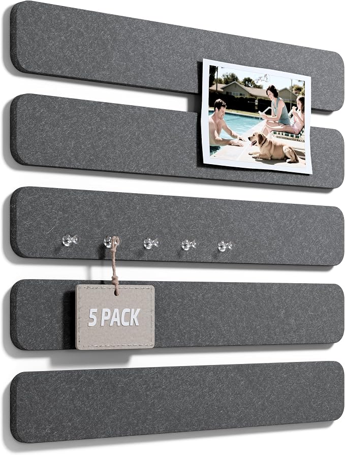 Fluxynara 13" x 2" Felt Wall Panels, Charcoal Gray | 5-Pack Includes 35 Push Pins and Adhesive Tabs for Photos, Notes and Decor in Bedroom Doors, Home Office or Studios by FLUXYNARA