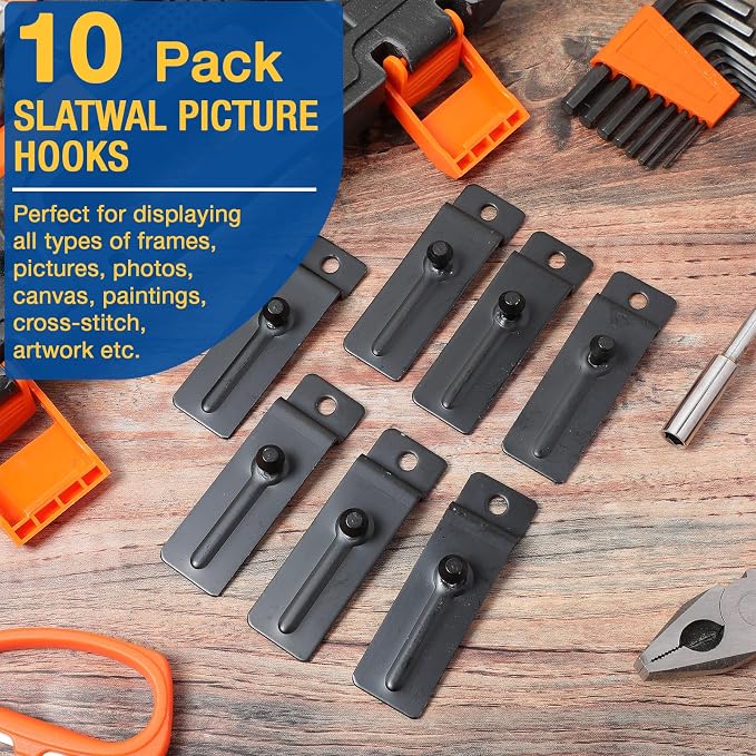 JaGely 10 Pcs Metal Slatwall Hooks 3 Inch Commercial Slatwall Utility Notch Hooks Picture Hanger for Pegboard Photo Frame Display Painting Art Accessories (Black) - Image 6