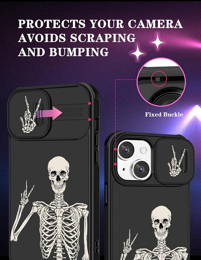 (2in1 for iPhone 12 Case Skull Skeleton for Women Cute Gothic Phone Cover Ghost Horror Design with Slide Camera Cover Protective Funny Spooky Boys Teens Cool Black Cases for iPhone12 6.1'' - Image 3