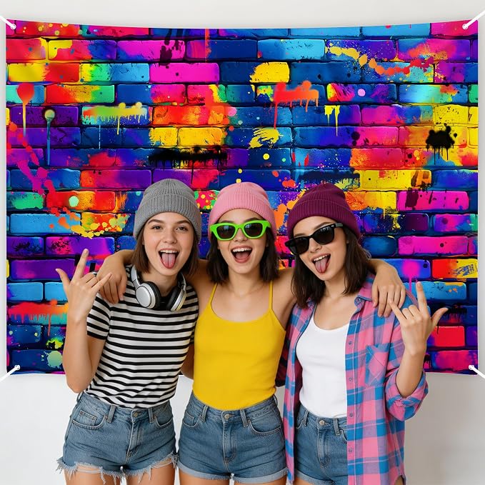 7x5ft Graffiti Backdrop Retro 80s 90s Hip Hop DJ Brick Wall Background | Brick Wall Background for Photoshoot Vibrant Colorful Street Art Backdrop for Birthday Party Graduation & Disco Decor - Image 6