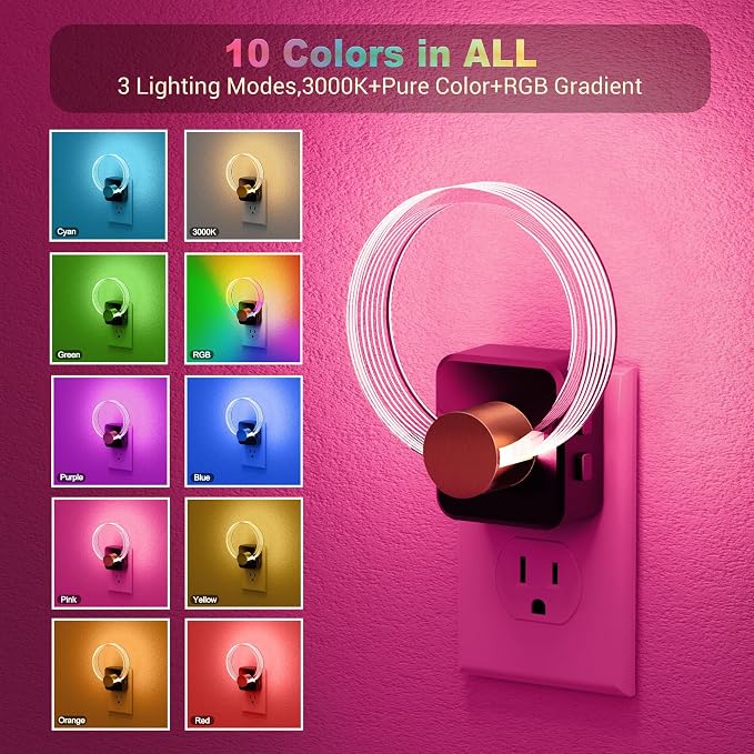 JandCase Night Light, Color Changing Night Lights Plug into Wall, 1 Pack | RGB Nightlight with Light Sensor, 180° Rotatable Plug in Nightlights, Dimmable Ring Acrylic Night Light for Kids Gift Hallway - Image 3