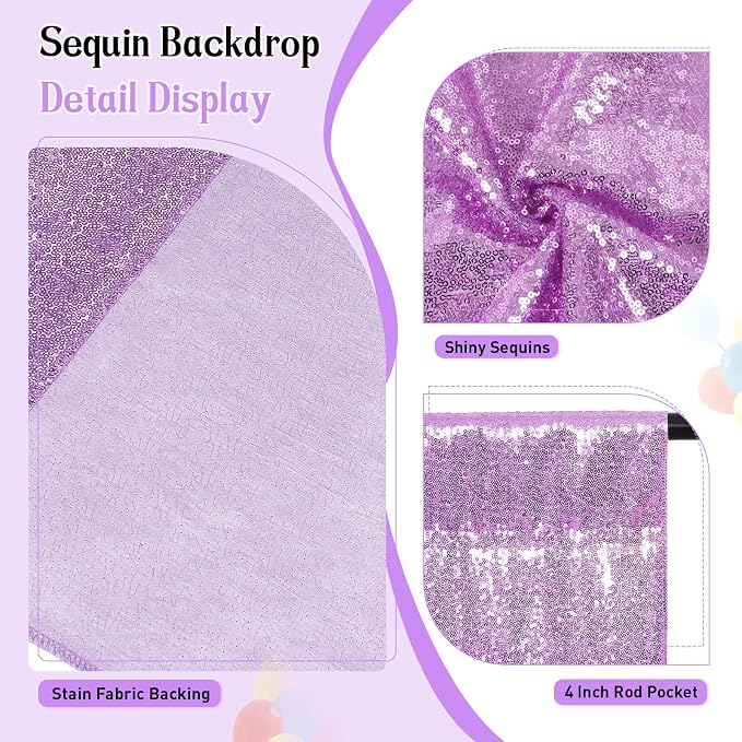 SquarePie 8x10ft Lavender Sequin Backdrop, High Density Non-Transparent Glitter Curtain for Photography, Birthday, Wedding Party Decorations, Thick Solid Background with 4" Rod Pocket, 1 Panel - Image 2