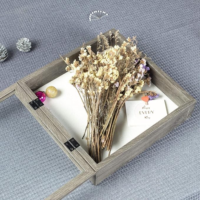 Muzilife 11x11 Shadow Box Picture Frame, 2.16 Deep, Real Glass,Texture Gray | FSC-Wood, Magnetic Door, Linen Interior & Pins, Vertical, Horizontal Wall Hanging, Display Case Frame for Photos & Keepsakes - Image 5
