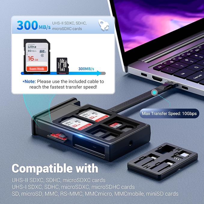 Kiorafoto 24 Slots Memory Card Case & High-Speed USB-C Reader,Plug and Play | Aluminum Alloy 8 SD + 16 TF Card Holders & USB C 3.1 Gen 2 Cable & Light/USB A/MicroUSB/OTG Adapter for Device Data Transfer - Image 4