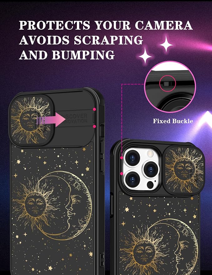 (2in1 for iPhone 12 Pro Max Case Sun Moon Stars for Women Cute Space Phone Cover Fashion Golden Star Print Design with Slide Camera Cover Protective Case for iPhone 12 ProMax 6.7'' - Image 3