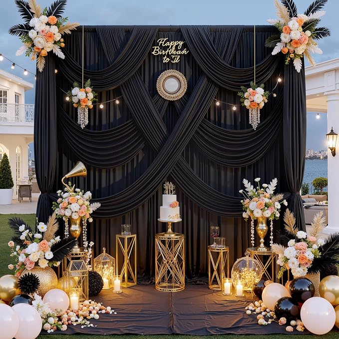 20 ft x 8 ft Black Backdrop Curtain for Parties, 4 Panels 5 ft x 8 ft Wrinkle Free Polyester Photo Black Backdrop Drapesfor Graduations Birthday Wedding Party Stage Curtains Home Decoration Supplies - Image 2
