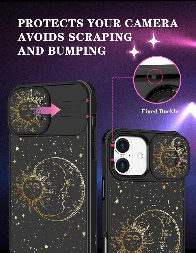 for iPhone 16 Plus Case - Women Cute Phone Cover Girly Pretty Fancy Unique Aesthetic Design Slide Camera Cover Protective Case for Apple for iPhone 16 Plus,Sun and Moon - Image 3