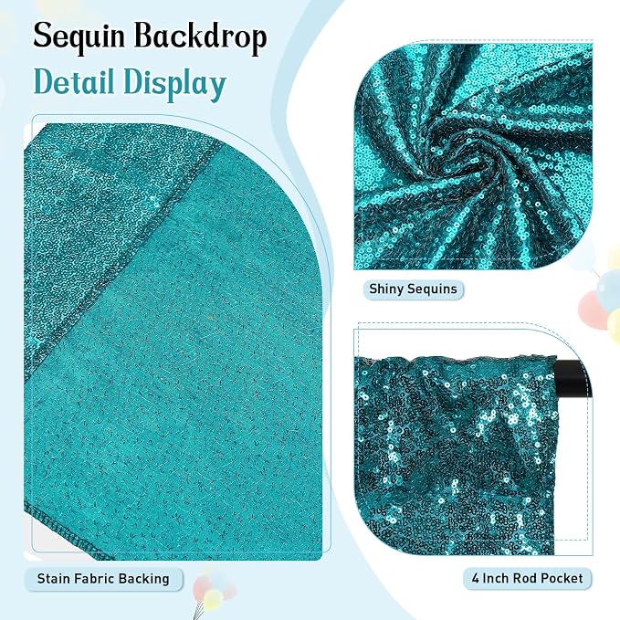 SquarePie 6x6ft Teal Sequin Backdrop, High Density Non-Transparent Glitter Curtain for Photography, Birthday, Wedding Party Decorations, Thick Solid Background with 4" Rod Pocket, 1 Panel - Image 3