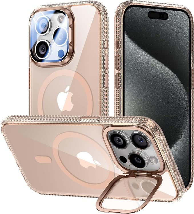 VOFATA [Upgraded] for iPhone 15 Pro Max Case with Camera Cover Stand [Fit for MagSafe][9H Camera Lens Protector] Mil-Grade Protection Transparent Magnetic iPhone 15 Pro Max Phone Case, Clear Gold by VOFATA