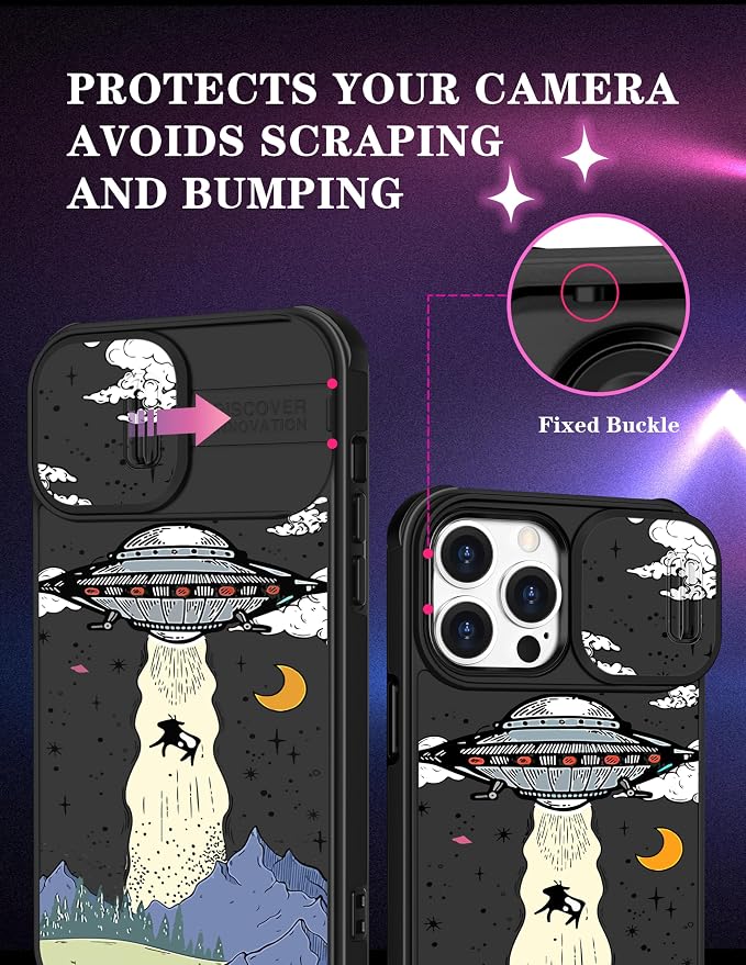 (2in1 for iPhone 14 Pro Max Case UFO for Women Cute Aliens Phone Cover Cool Universe Pattern Design with Slide Camera Cover Protective Fashion Boys Teens Cases for 14 ProMax 6.7'' - Image 3