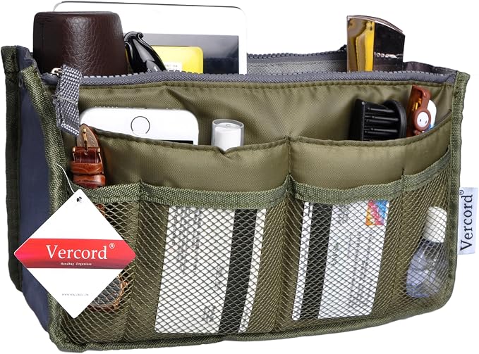 Vercord Purse Organizer Insert for Handbags Bag Organizers Inside Tote Pocketbook Women Nurse Nylon 13 Pockets Army Green Medium - Image 2