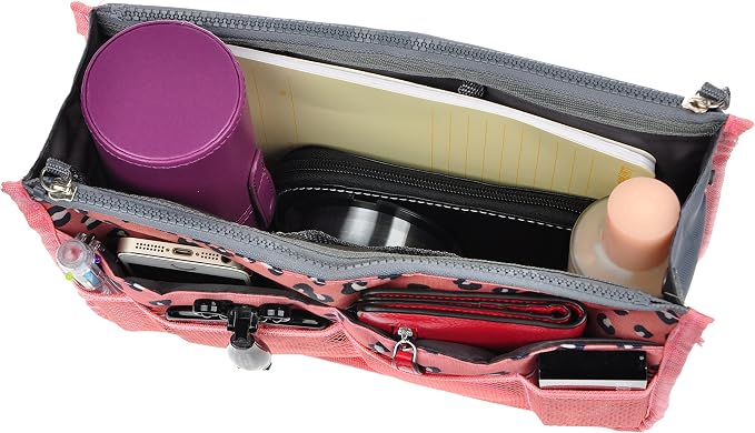 Vercord Purse Organizer Insert for Handbags Bag Organizers Inside Tote Pocketbook Women Nurse Nylon 13 Pockets Pink Leopard Medium - Image 6