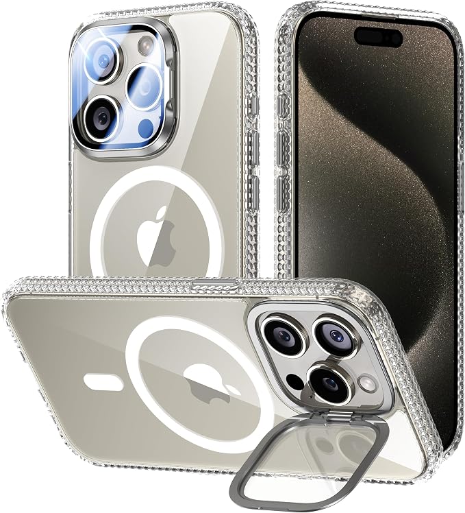 VOFATA [Upgraded] for iPhone 15 Pro Case with Camera Cover Stand [Fit for MagSafe][9H Camera Lens Protector] Mil-Grade Protection Transparent Magnetic iPhone 15 Pro Phone Case, Clear by VOFATA