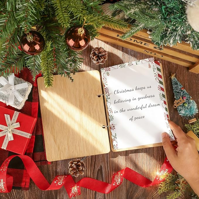 Wooden Christmas Card Organizer Merry Christmas Greeting Card Holder Xmas Holiday Post Cards Keeper Wood Memories Book or Binder for Storage Keepsake Album Photo Notes Gift Winter Past - Image 6