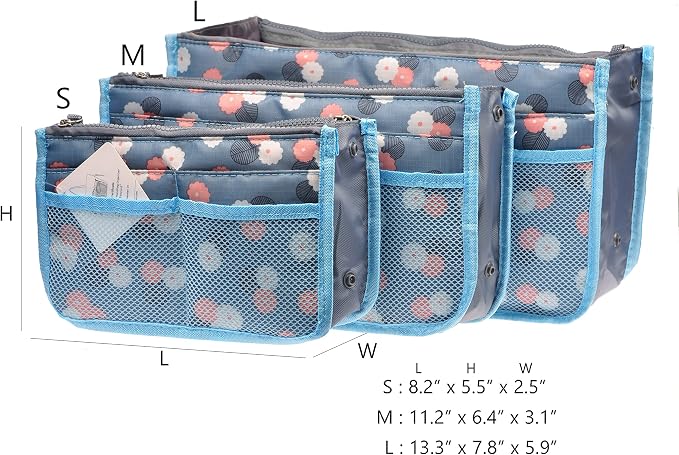Vercord Purse Organizer Insert for Handbags Bag Organizers Inside Tote Pocketbook Women Nurse Nylon 13 Pockets Blue Flower Medium - Image 3