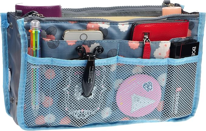 Vercord Purse Organizer Insert for Handbags Bag Organizers Inside Tote Pocketbook Women Nurse Nylon 13 Pockets Blue Flower Small - Image 2